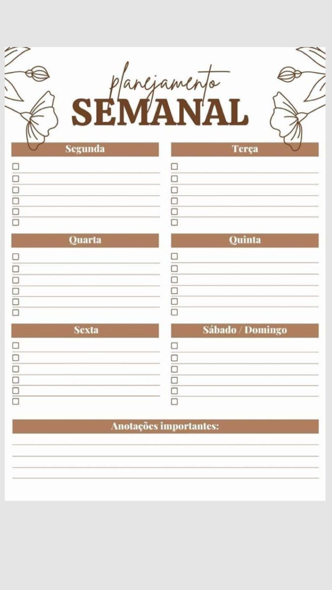 Planner Semanal para imprimir com espaço para anotações importantes
