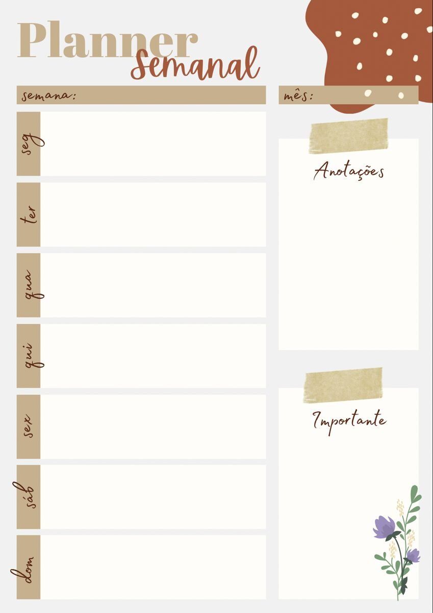 Planner Semanal para imprimir com espaços de anotações