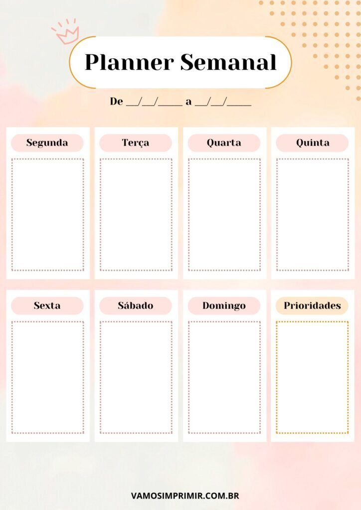 Planner Semanal para imprimir com espaços organizados