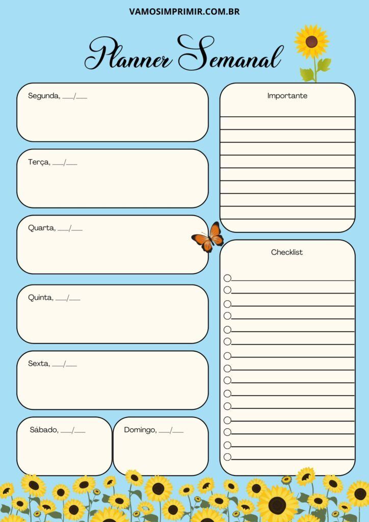 Planner Semanal para imprimir com girassóis e borboleta