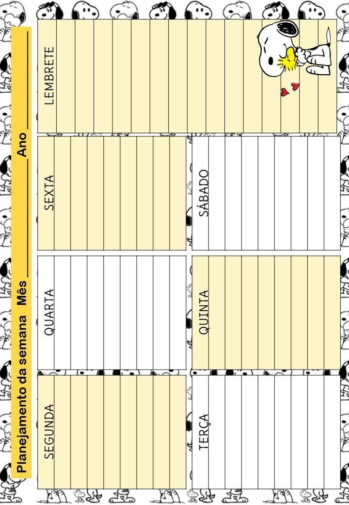 Planner Semanal para imprimir com Snoopy e espaços para lembretes