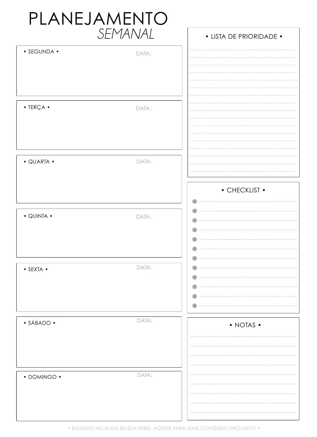 Planner Semanal para imprimir e organizar suas tarefas