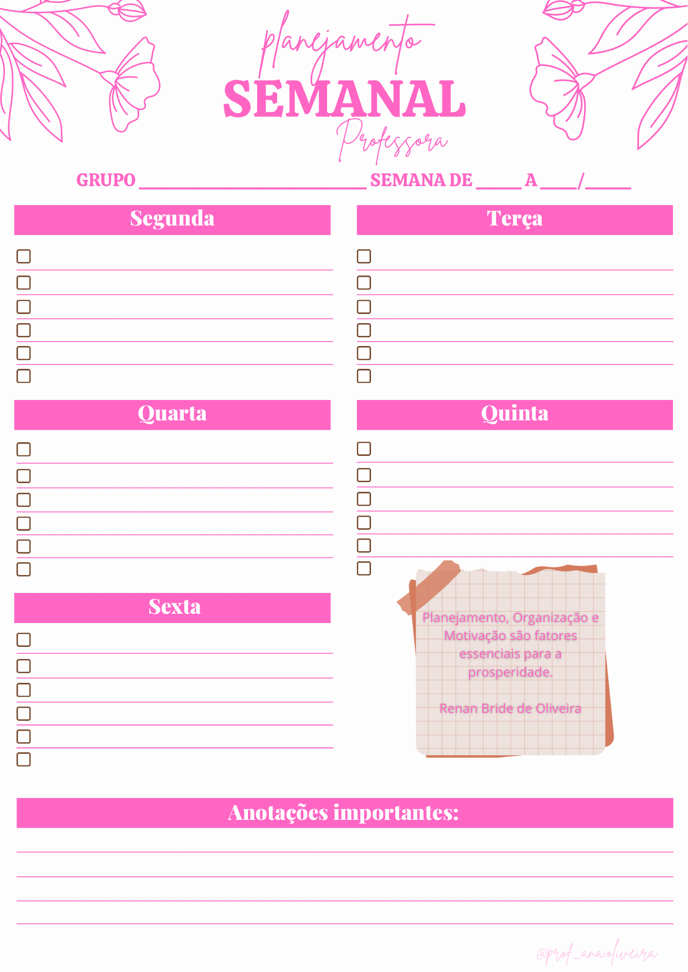 Planner Semanal Professor para Imprimir com Design Rosa