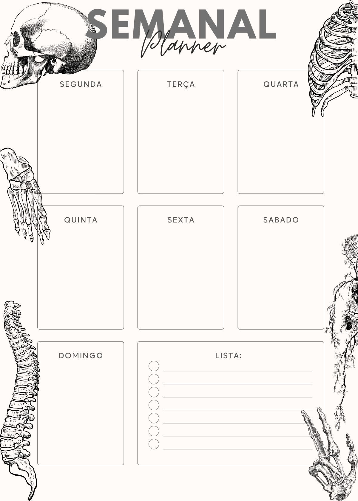 Planner Semanal Temático para Imprimir com Esqueletos