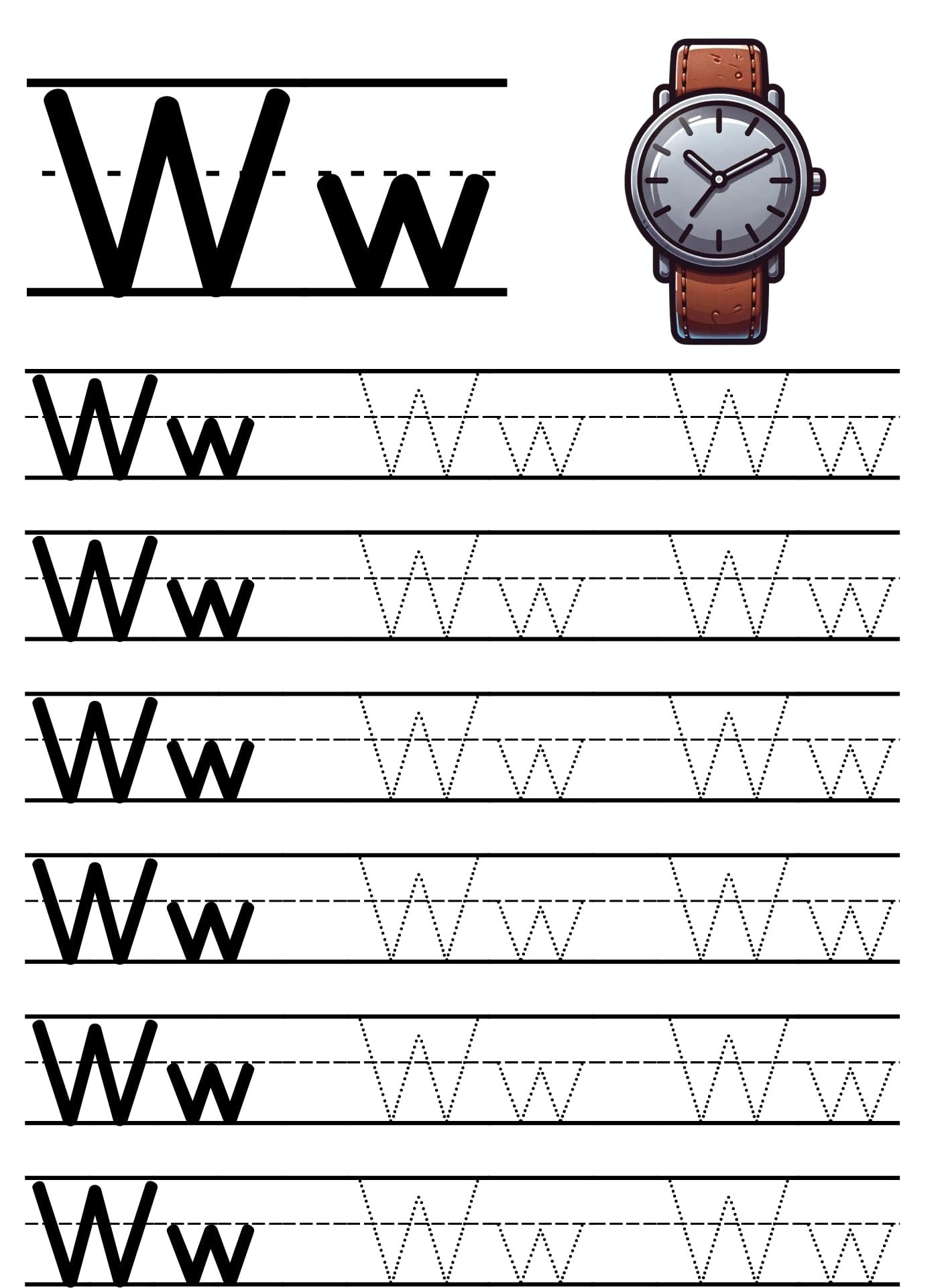 Pratique Caligrafia da Letra W em Maiúscula e Minúscula