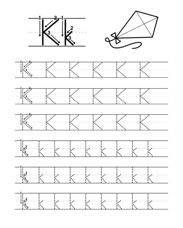 Pratique Caligrafia: Letra K em Pontilhado para Imprimir