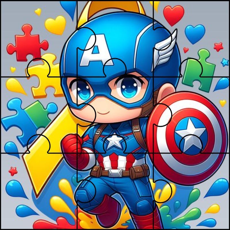 Quebra Cabeça para imprimir com super-herói chibi colorido