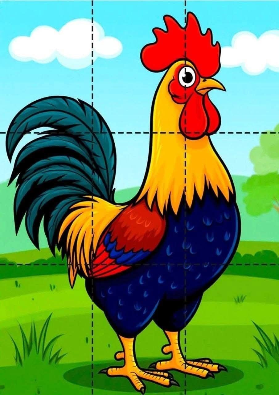 Quebra Cabeça para imprimir do galo colorido em paisagem verde