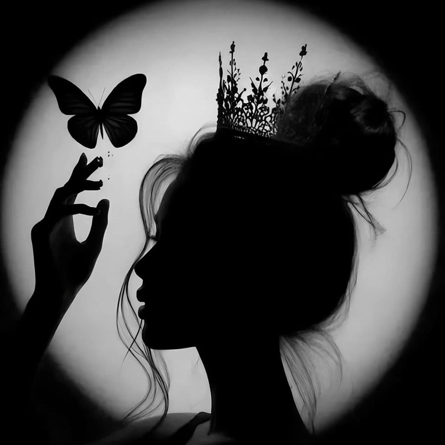 Silhueta Feminina com Coroa e Borboleta para Perfil
