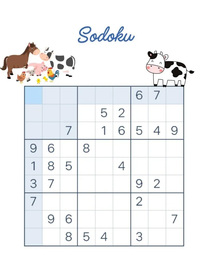 Sodoku infantil para imprimir com animais de fazenda