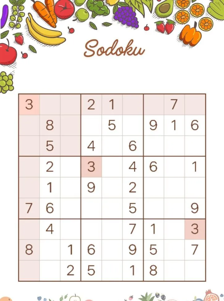 Sodoku para imprimir com frutas e legumes