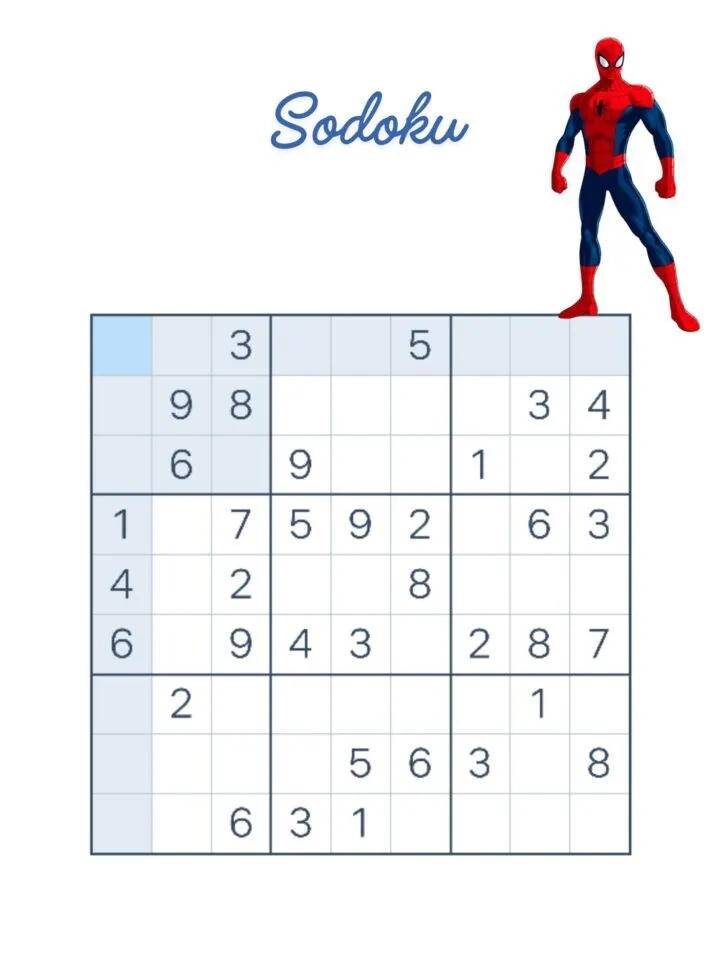 Sodoku para imprimir com super-herói e desafios divertidos