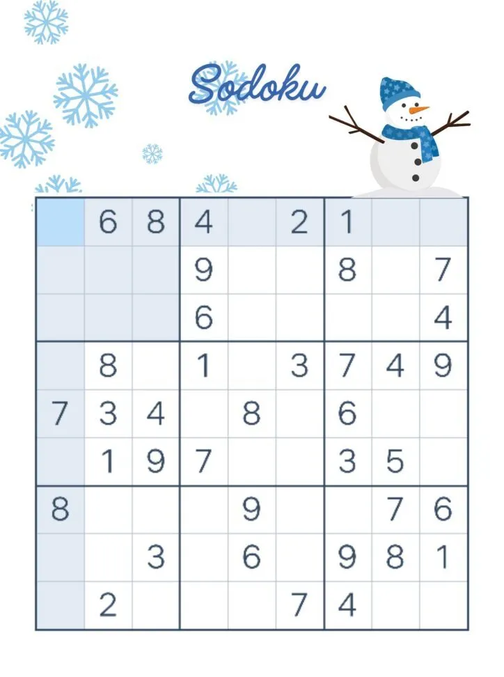 Sodoku para imprimir com tema de inverno e desafios divertidos