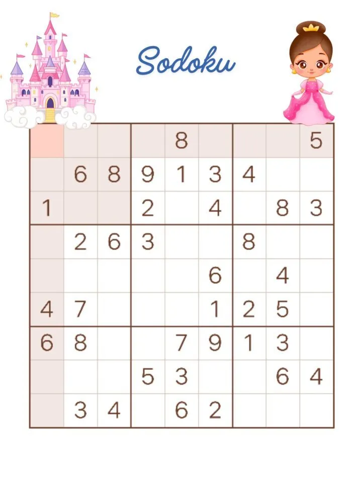 Sodoku para imprimir com tema infantil e princesa