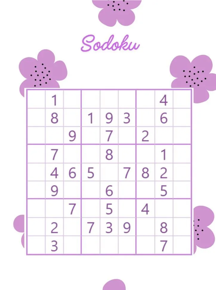 Sodoku para imprimir e relaxar com flores roxas