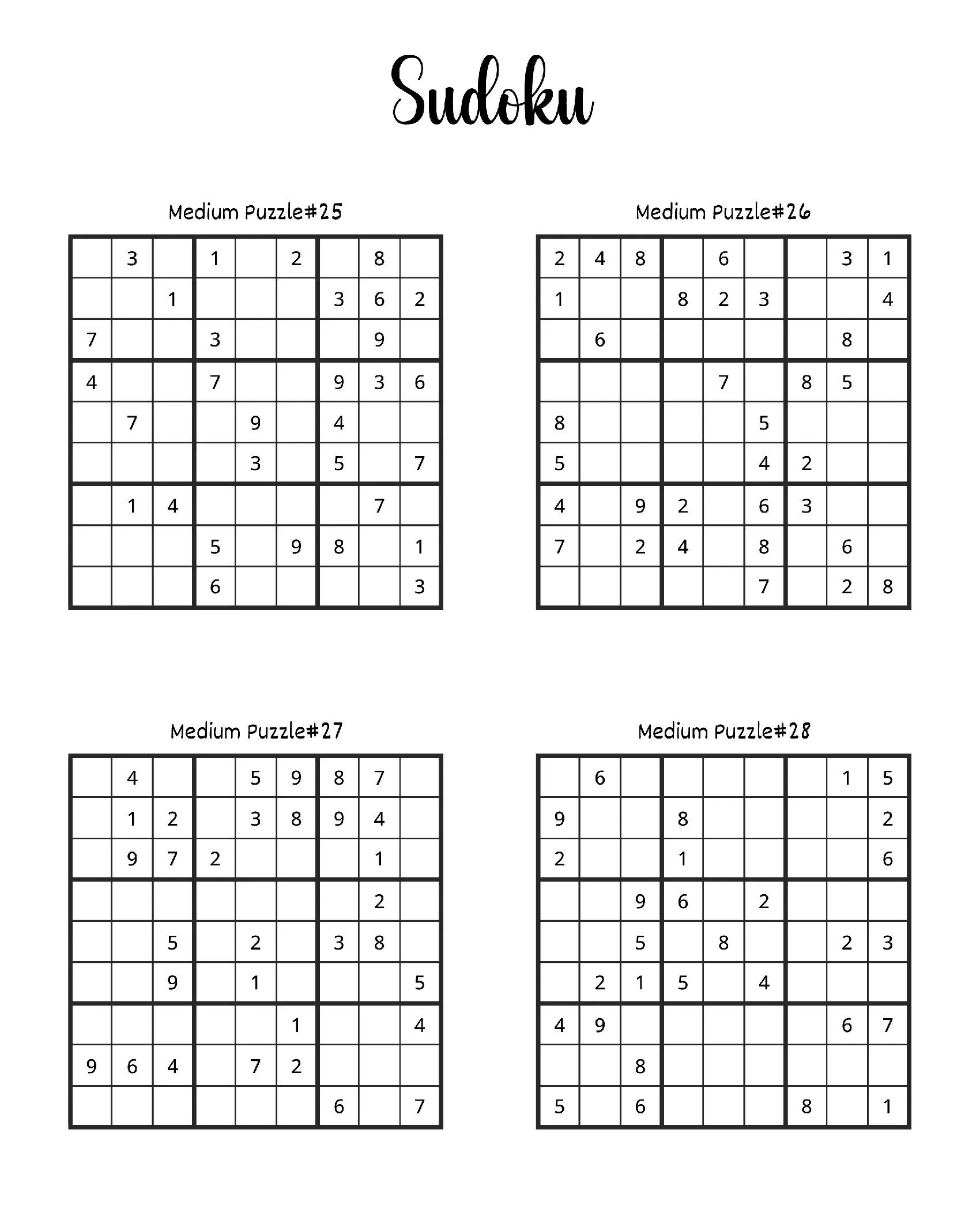 Sudoku para imprimir com 4 quebra-cabeças de nível médio