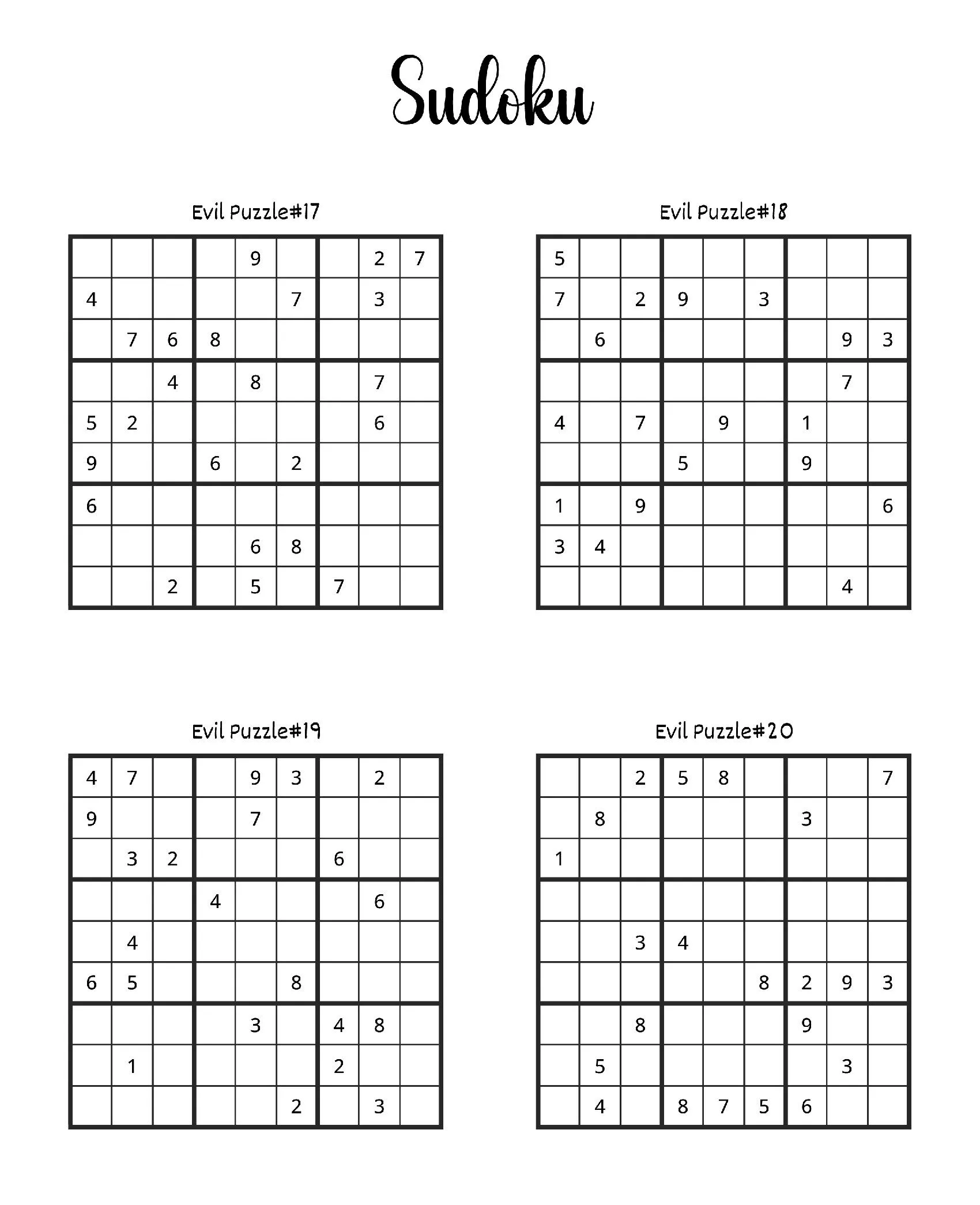 Sudoku para imprimir: Quebra-cabeças Evil Puzzle 17 a 20