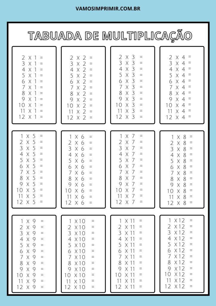 Tabuada colorida para imprimir da Multiplicação