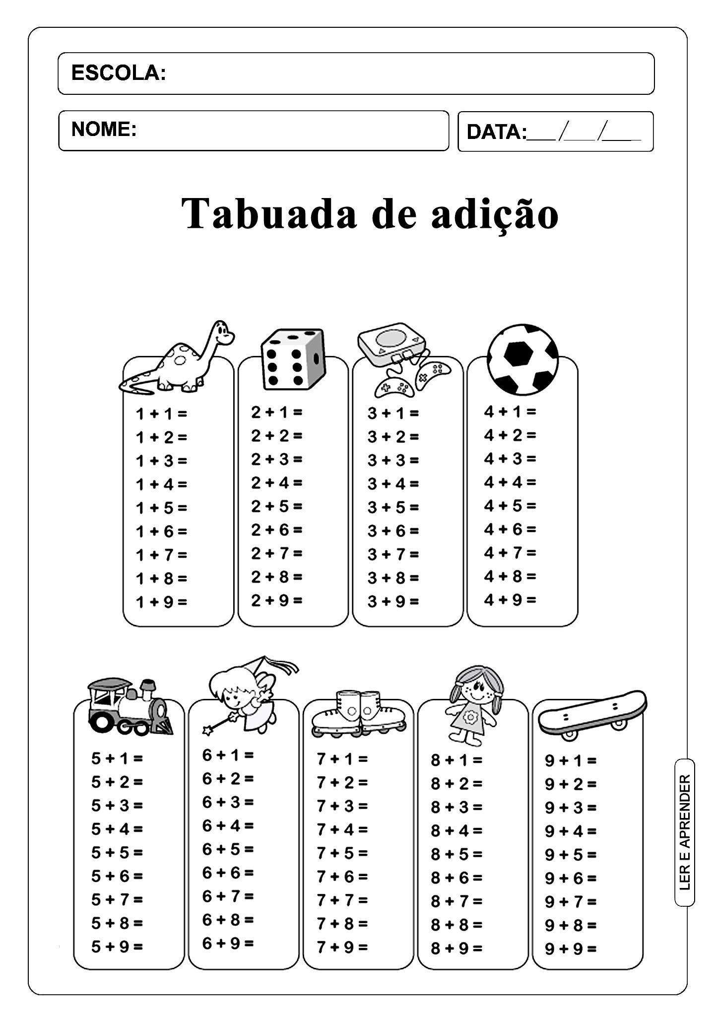 Tabuada de adição para imprimir com atividades lúdicas