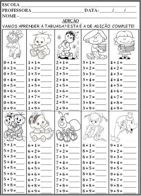 Tabuada de Adição para Imprimir com Personagens Infantis