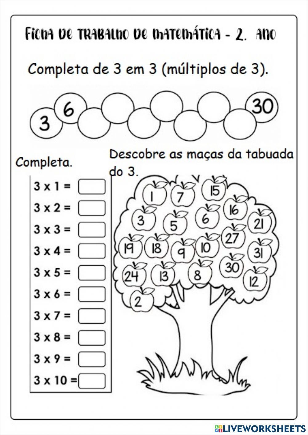 Tabuada do 3 para imprimir e atividades educativas