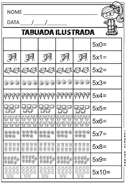 Tabuada ilustrada do número 5 para imprimir e aprender