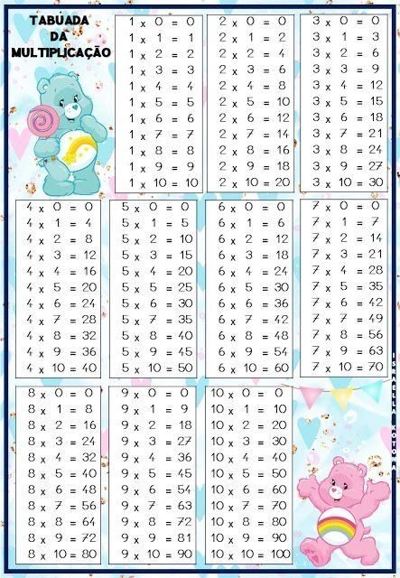 Tabuada para imprimir colorida com ilustrações divertidas