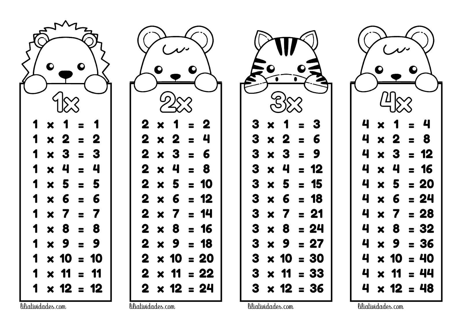 Tabuada para imprimir com animais lúdicos e educativos