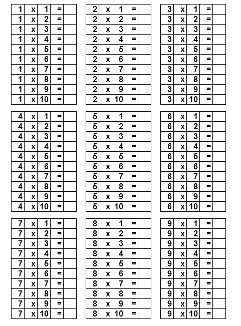 Tabuada para imprimir com atividades de multiplicação