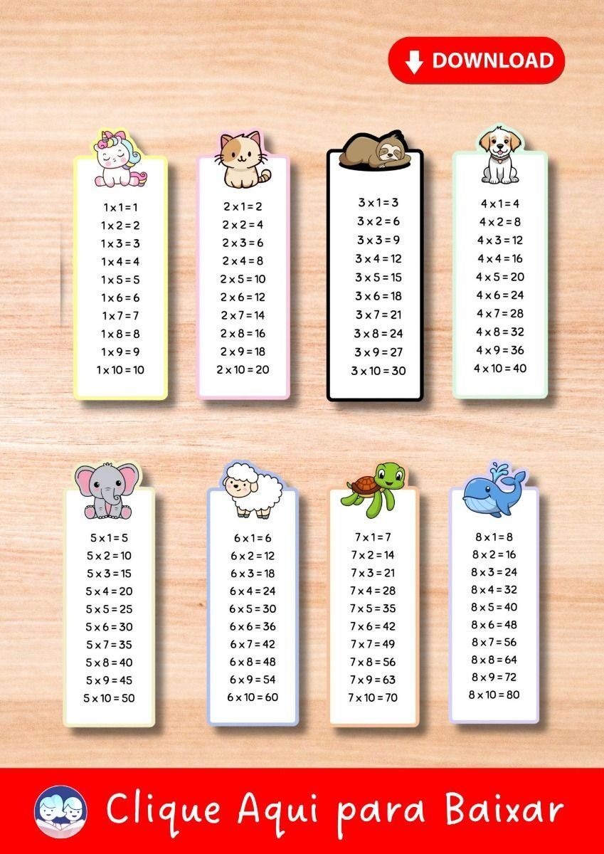 Tabuada para imprimir com desenhos de animais divertidos