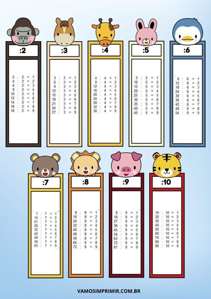 Tabuada para imprimir com ilustrações de animais