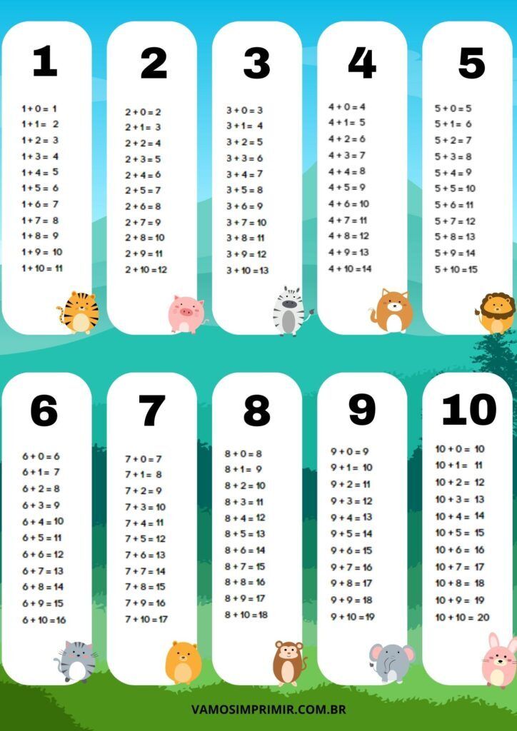 Tabuada para imprimir com ilustrações divertidas