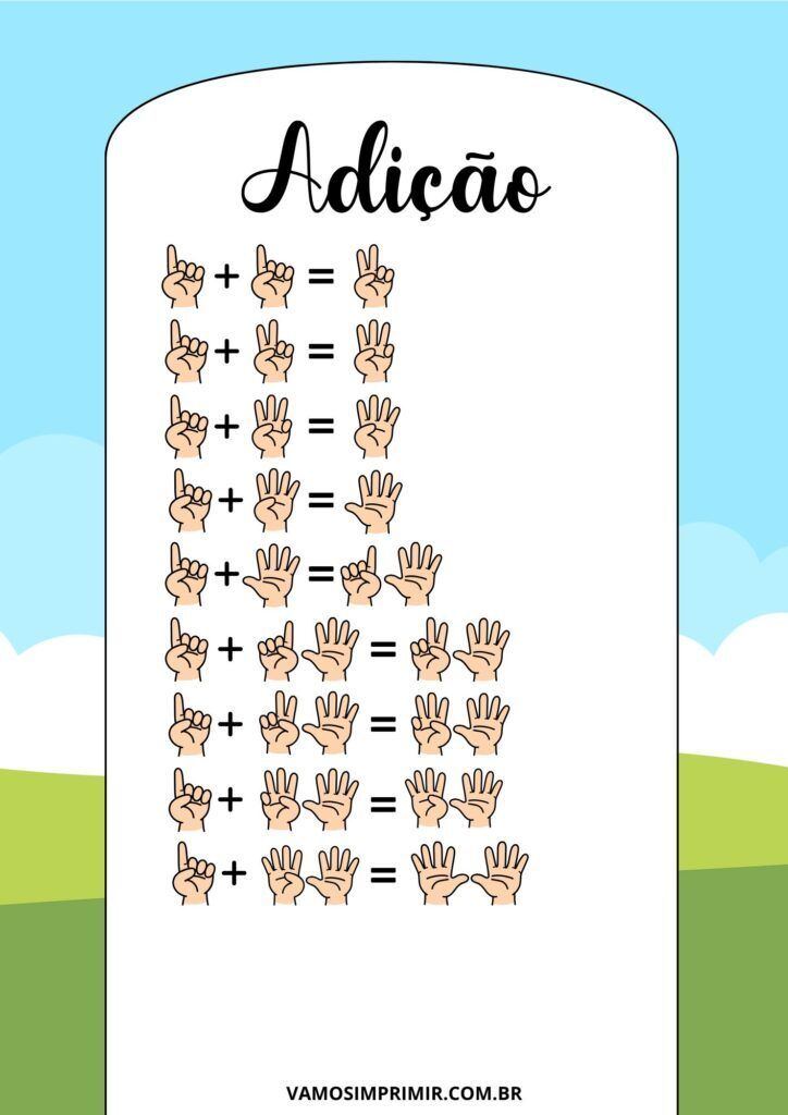 Tabuada para imprimir da Adição com Mãos Ilustradas