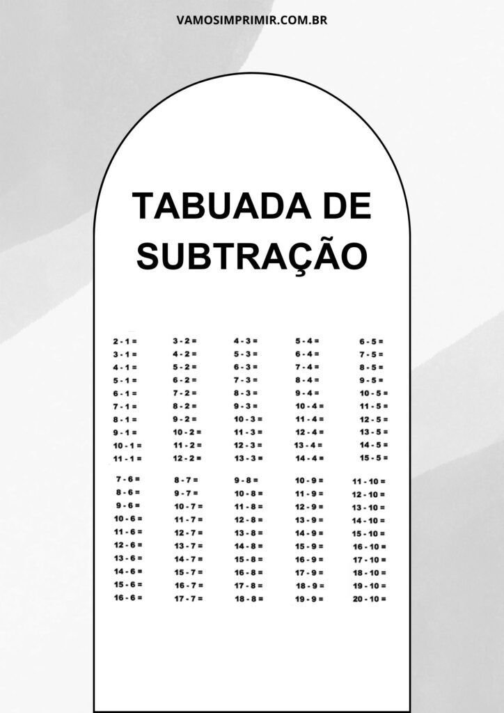 Tabuada para imprimir de Subtração para crianças
