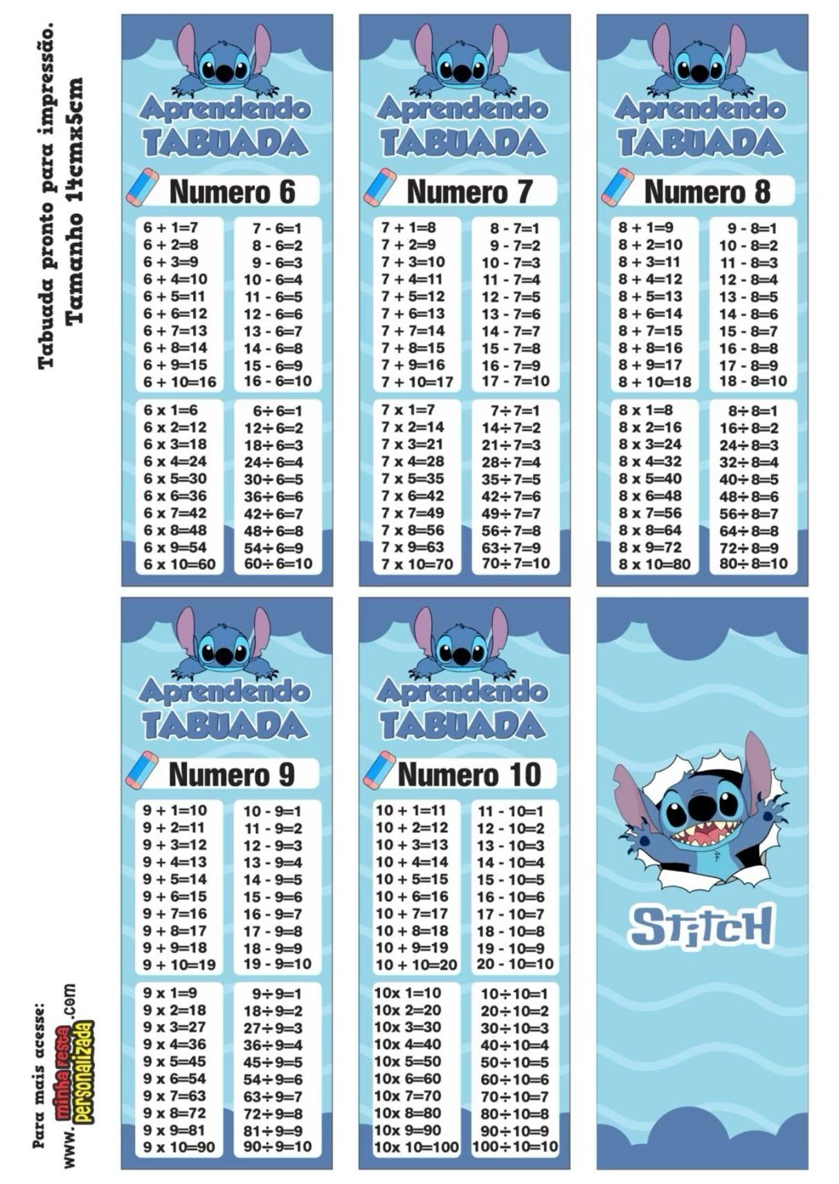 Tabuada para imprimir em azul com personagem animado