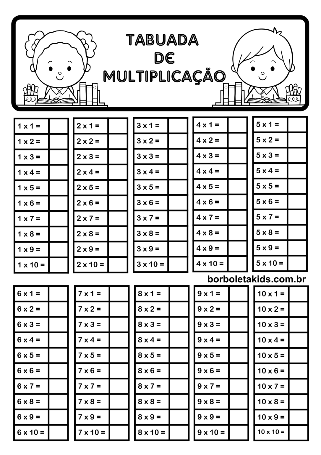 Tabuada para imprimir: Multiplicação de 1 a 10