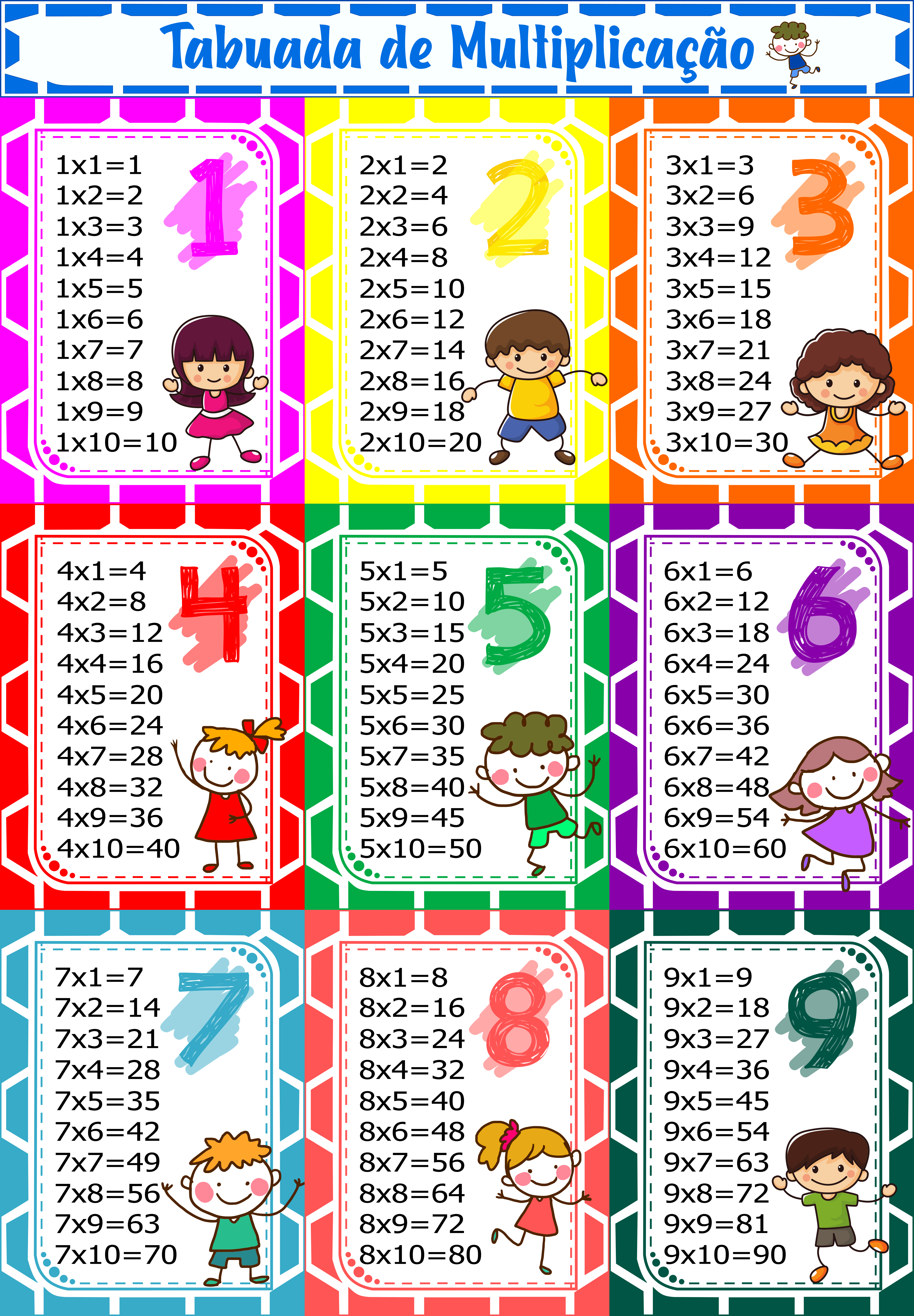 Tabuada para imprimir: Multiplicação de 1 a 9
