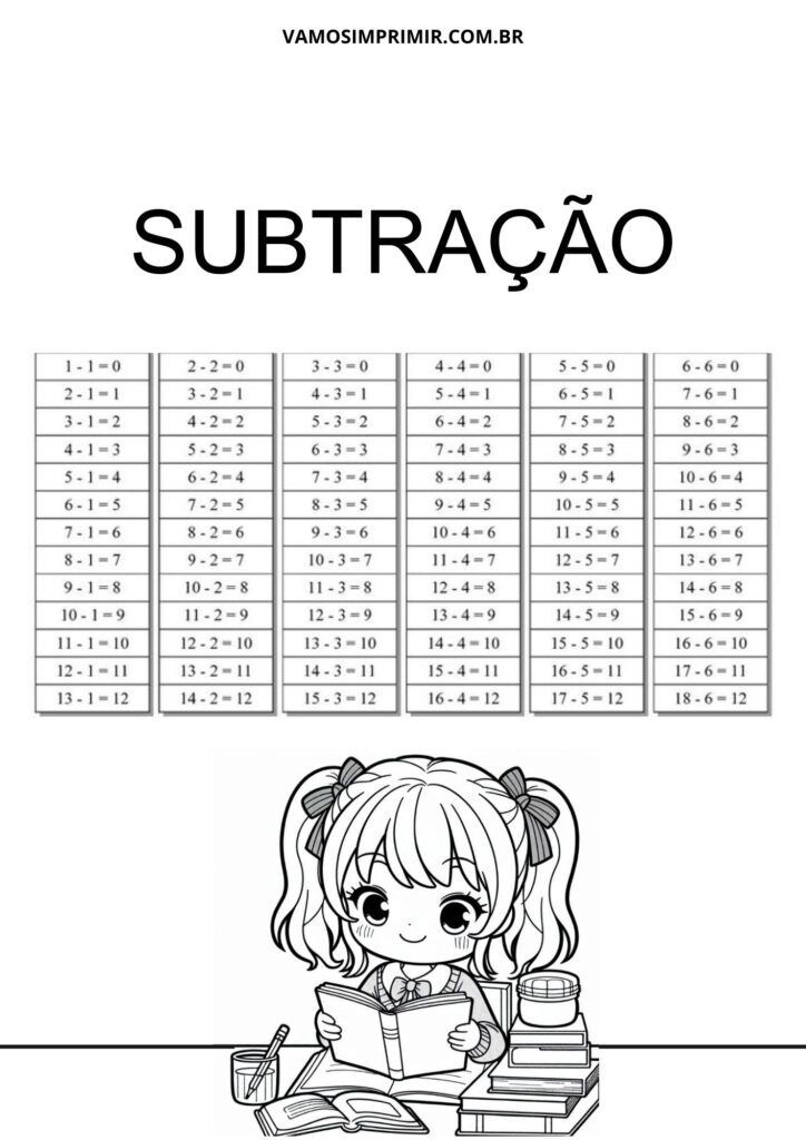 Tabuada para Imprimir Subtração com Atividades Diversas