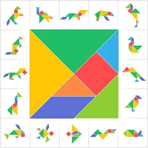 Tangram colorido para imprimir e criar figuras diversas