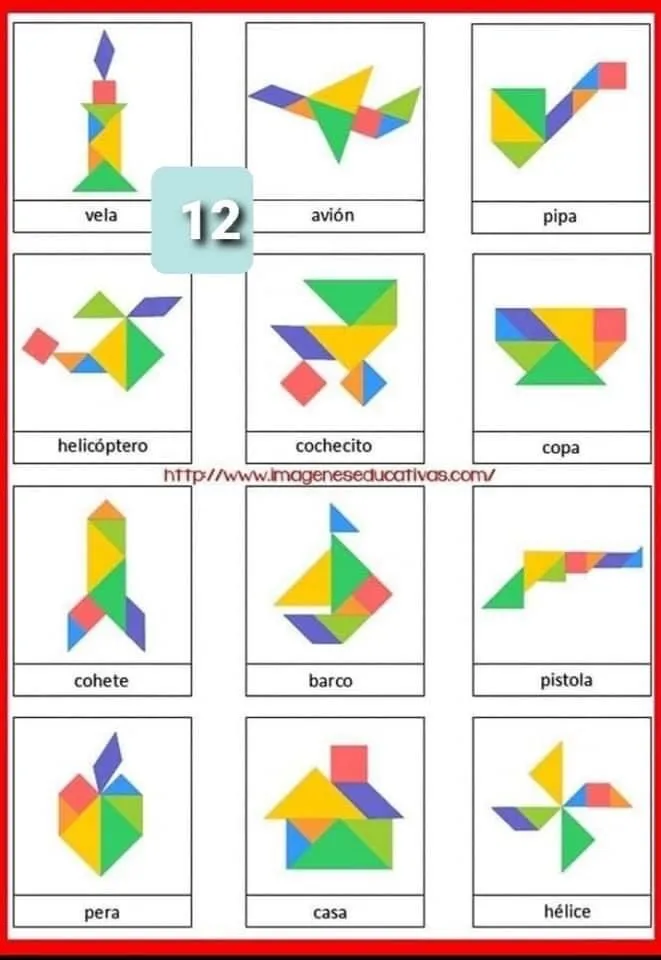 Tangram para imprimir com doze formas coloridas