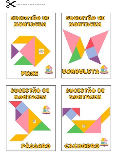 Tangram para imprimir com figura de peixe, borboleta, pássaro e cachorro