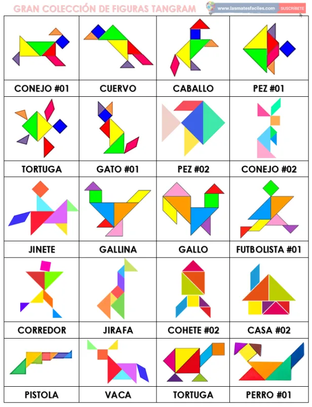 Tangram para imprimir com figuras de animais e objetos coloridos