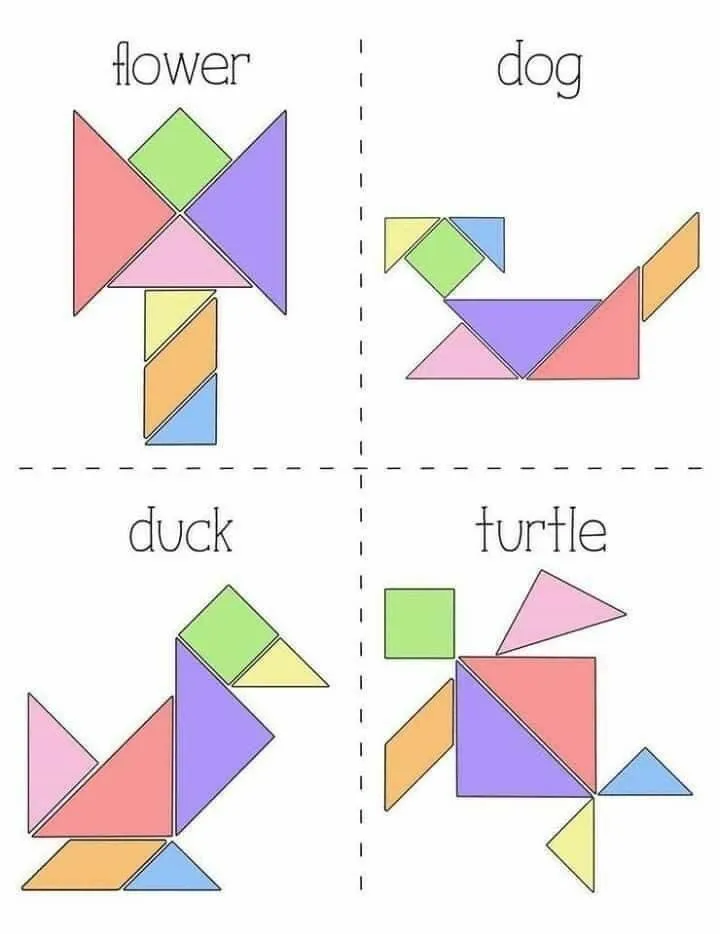 Tangram para imprimir com figuras de flor, cachorro, pato e tartaruga