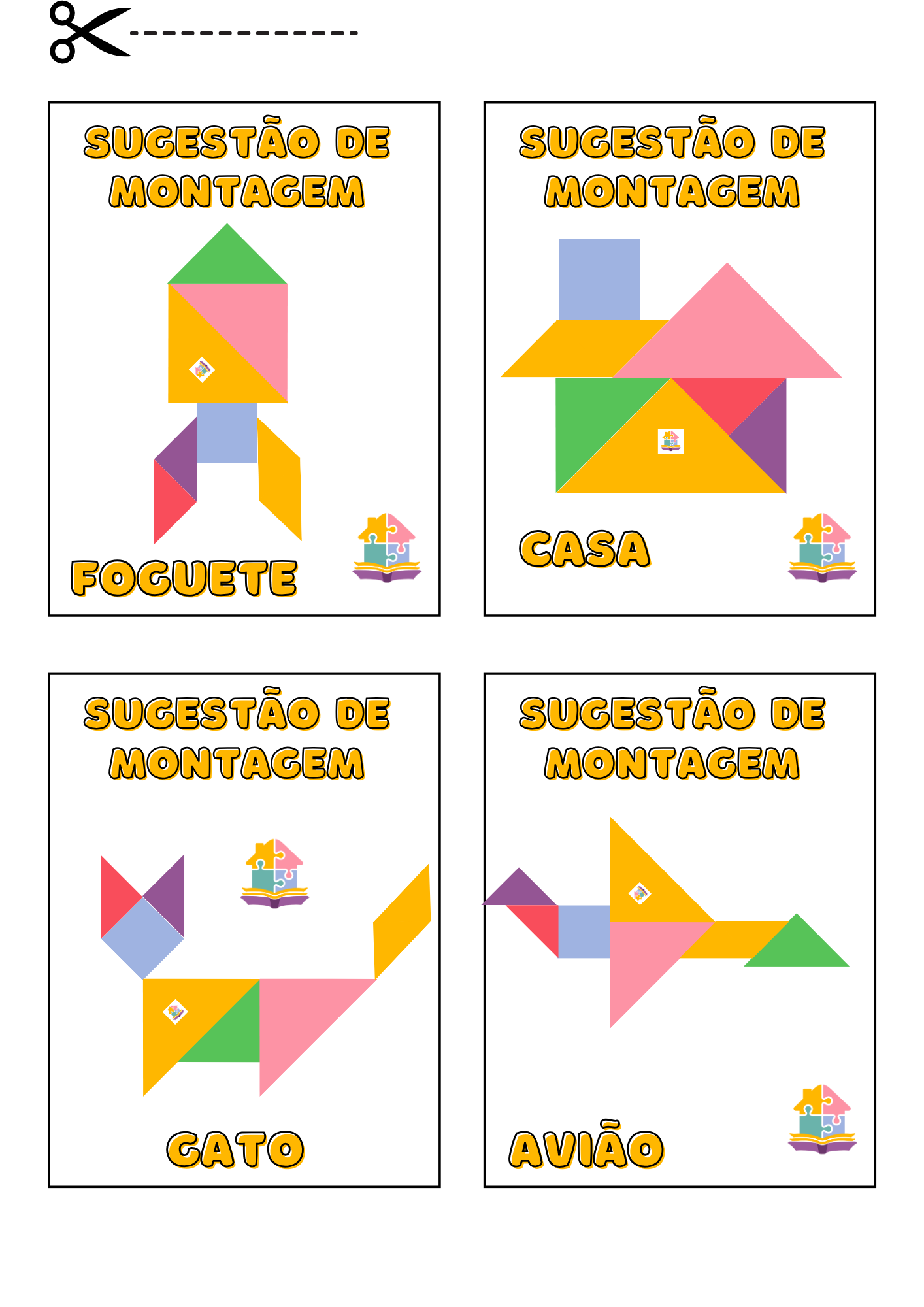 Tangram para imprimir com figuras de foguete, casa e gato