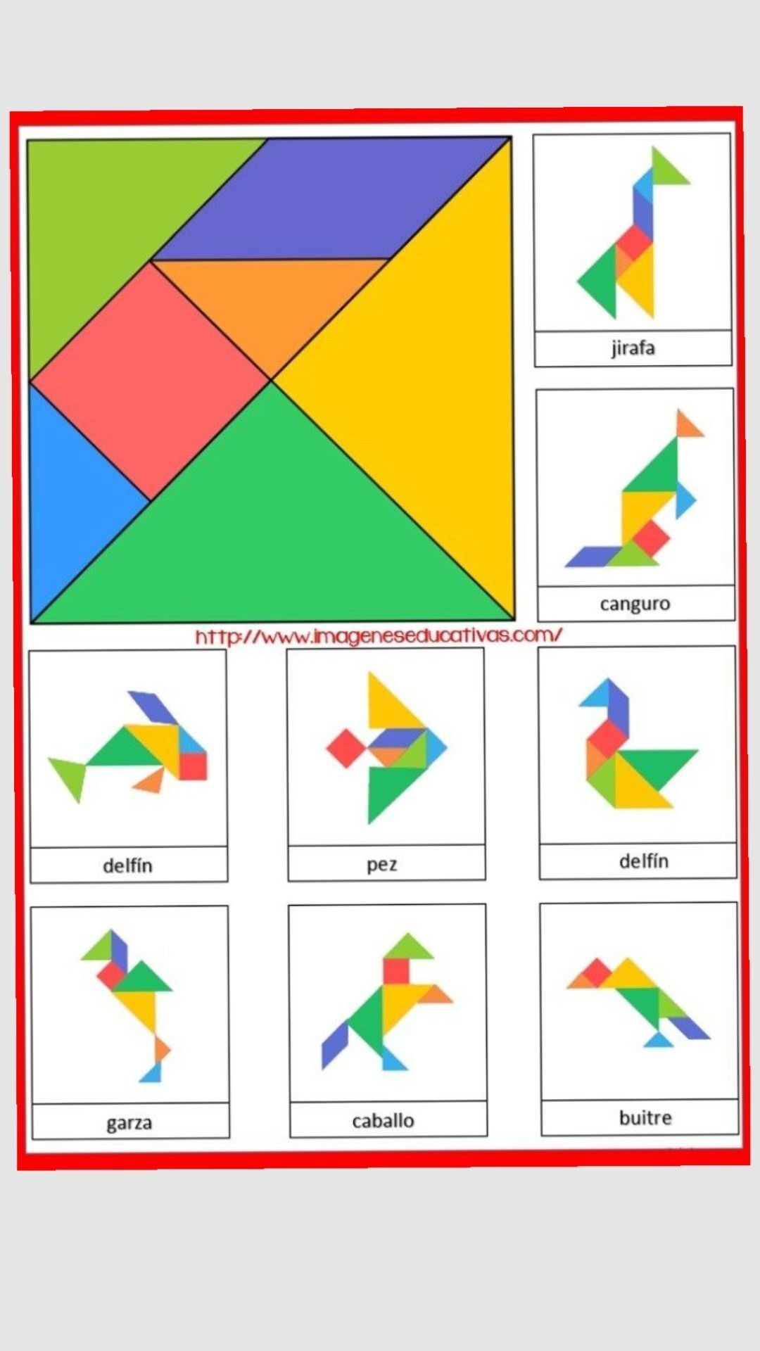 Tangram para imprimir com formas de animais coloridos