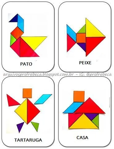Tangram para imprimir com pato, peixe, tartaruga e casa