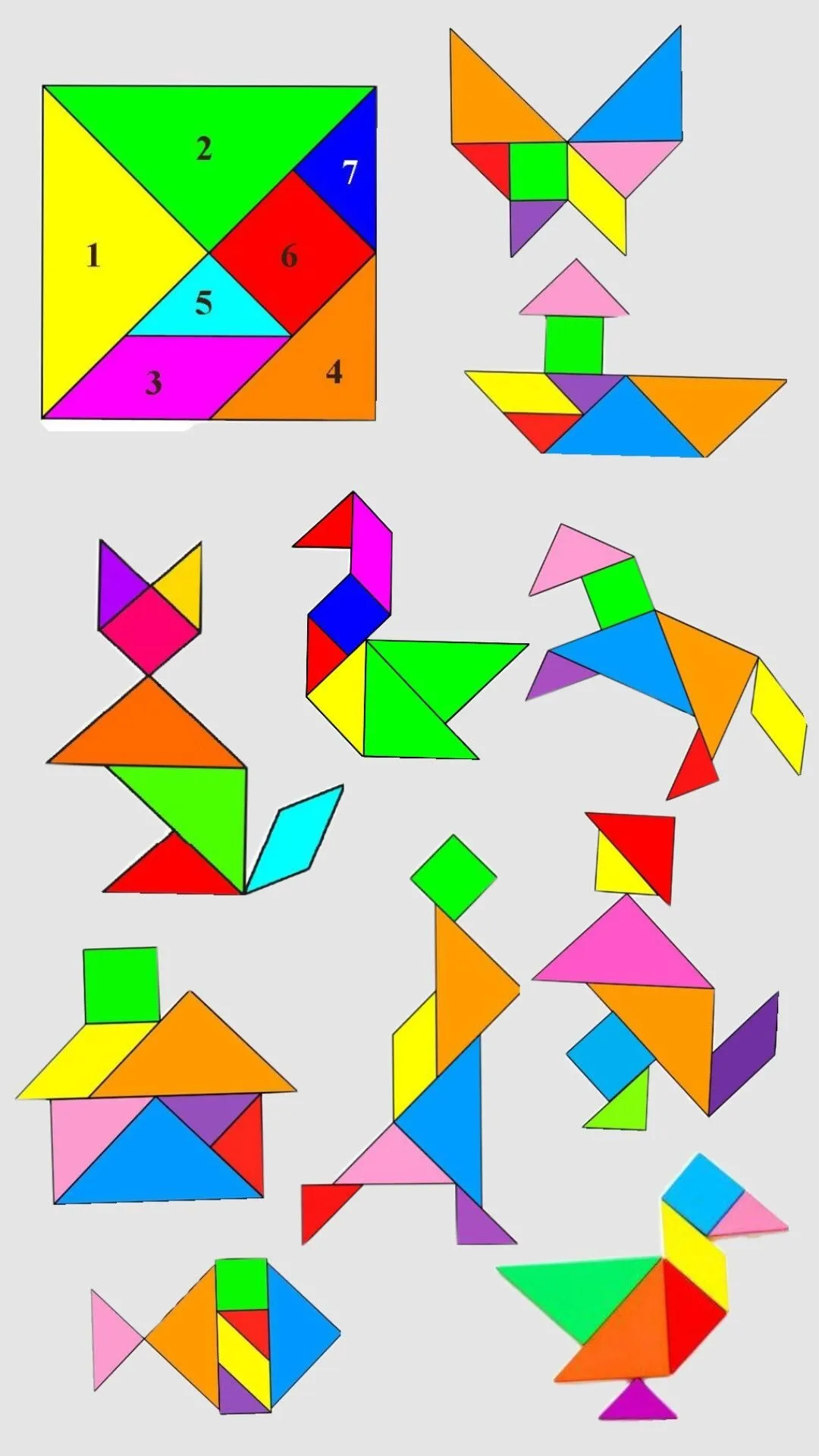 Tangram para imprimir com várias figuras coloridas