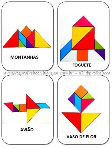 Tangram para imprimir: montanha, foguete, avião e vaso