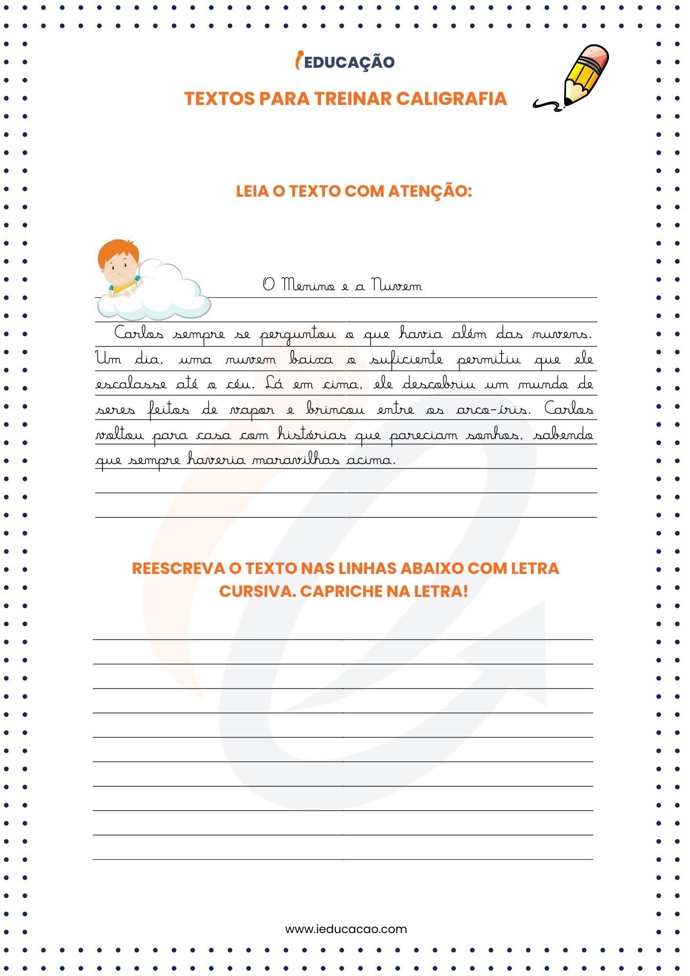 Textos educativos para treinar caligrafia cursiva