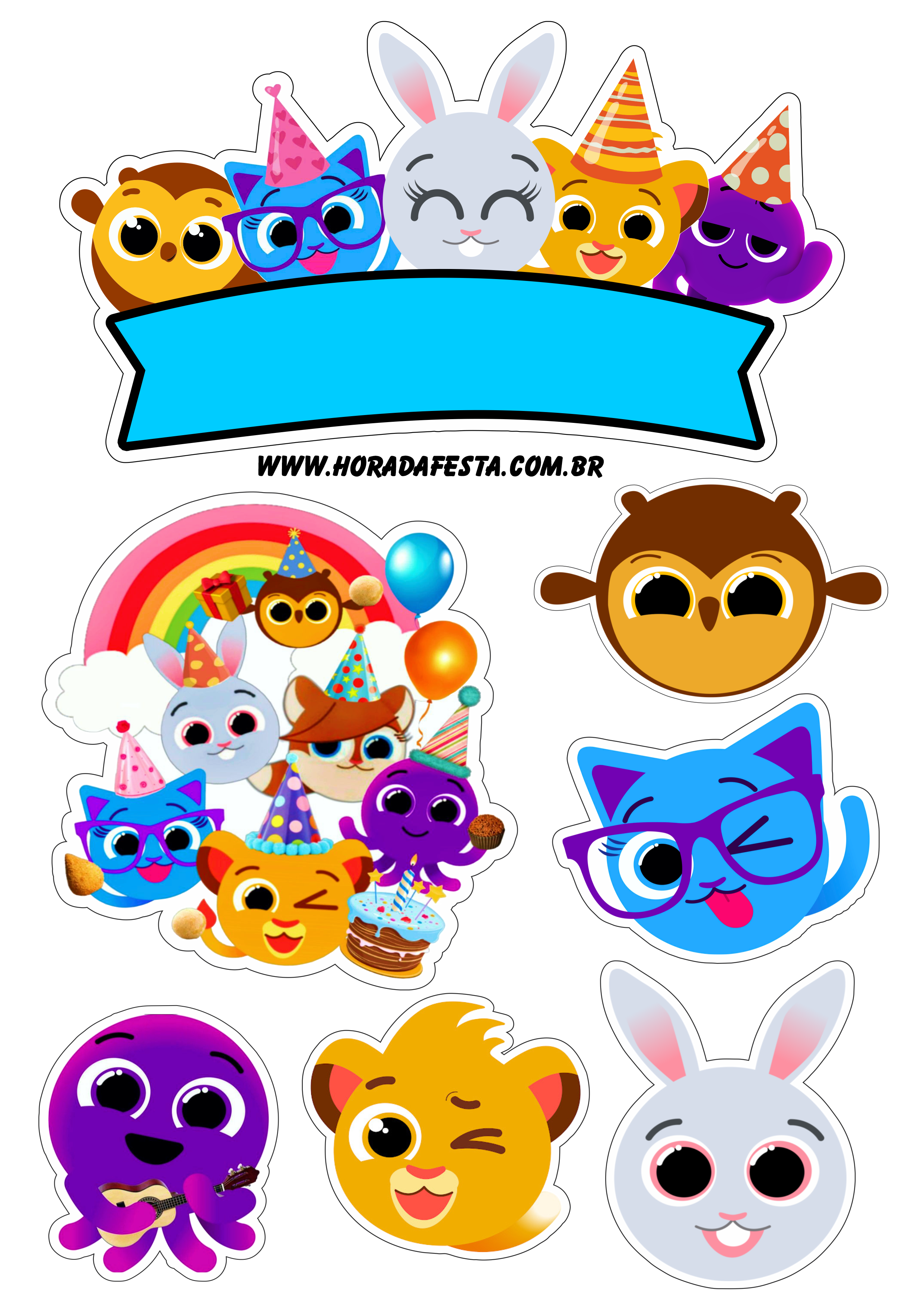 Topo de Bolo Colorido para Imprimir com Animais Festivos